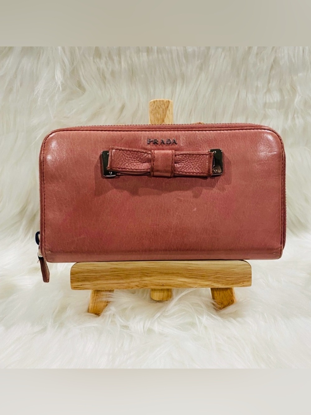 PRADA Soft Calf Fiocc long wallet in pink with bow w/ COA’s